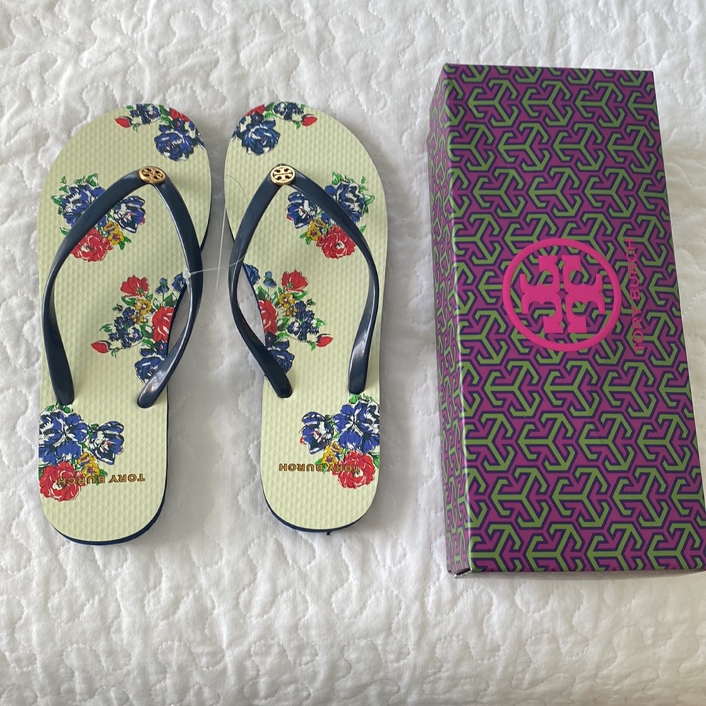 New Tory Burch Navy Rea Rose Flip Flip sz 8